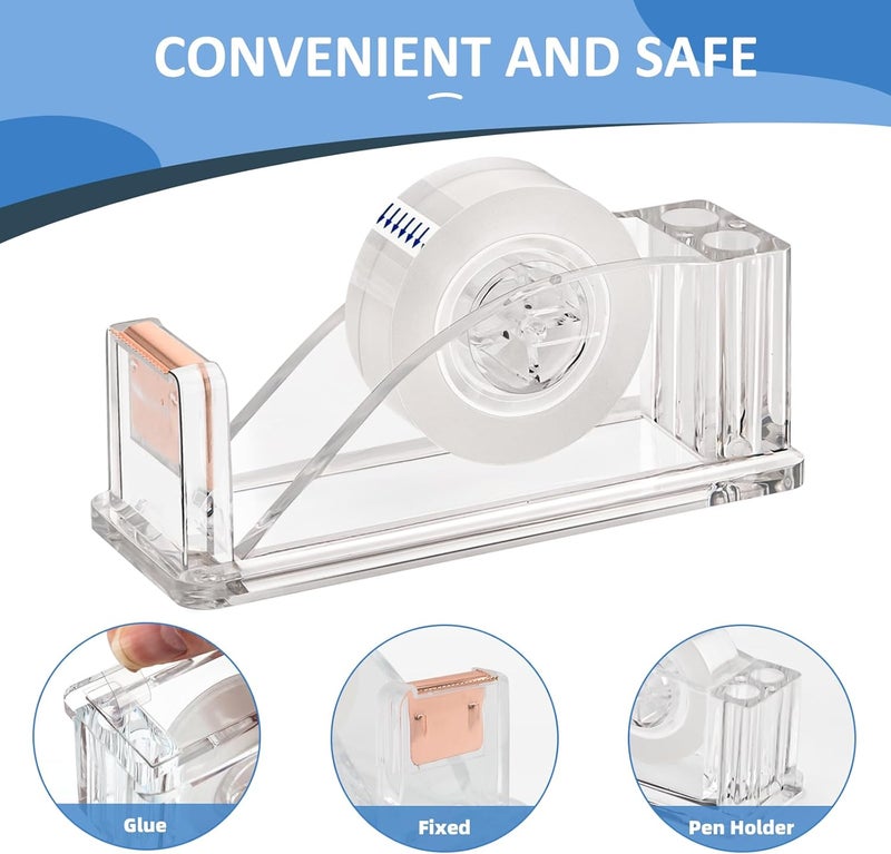 JEFURE 2 Pcs Transparent Acrylic Tape Dispenser, Non-Skid Tape Cutter Holder, Clear Tape Dispensers Bulk for Desk, Office, Home, School - Image 3